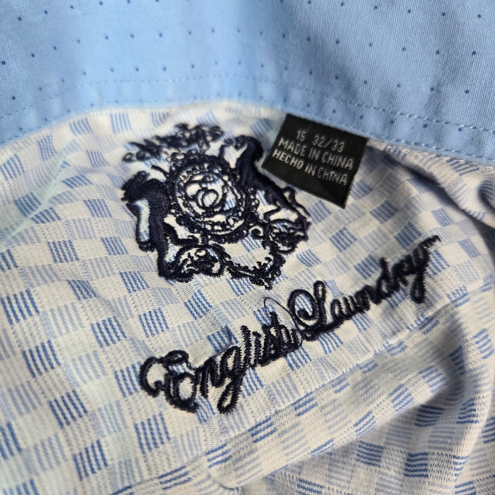 English Laundry Mens Button Up Shirt Light Blue Check Pattern Size 15 32/33